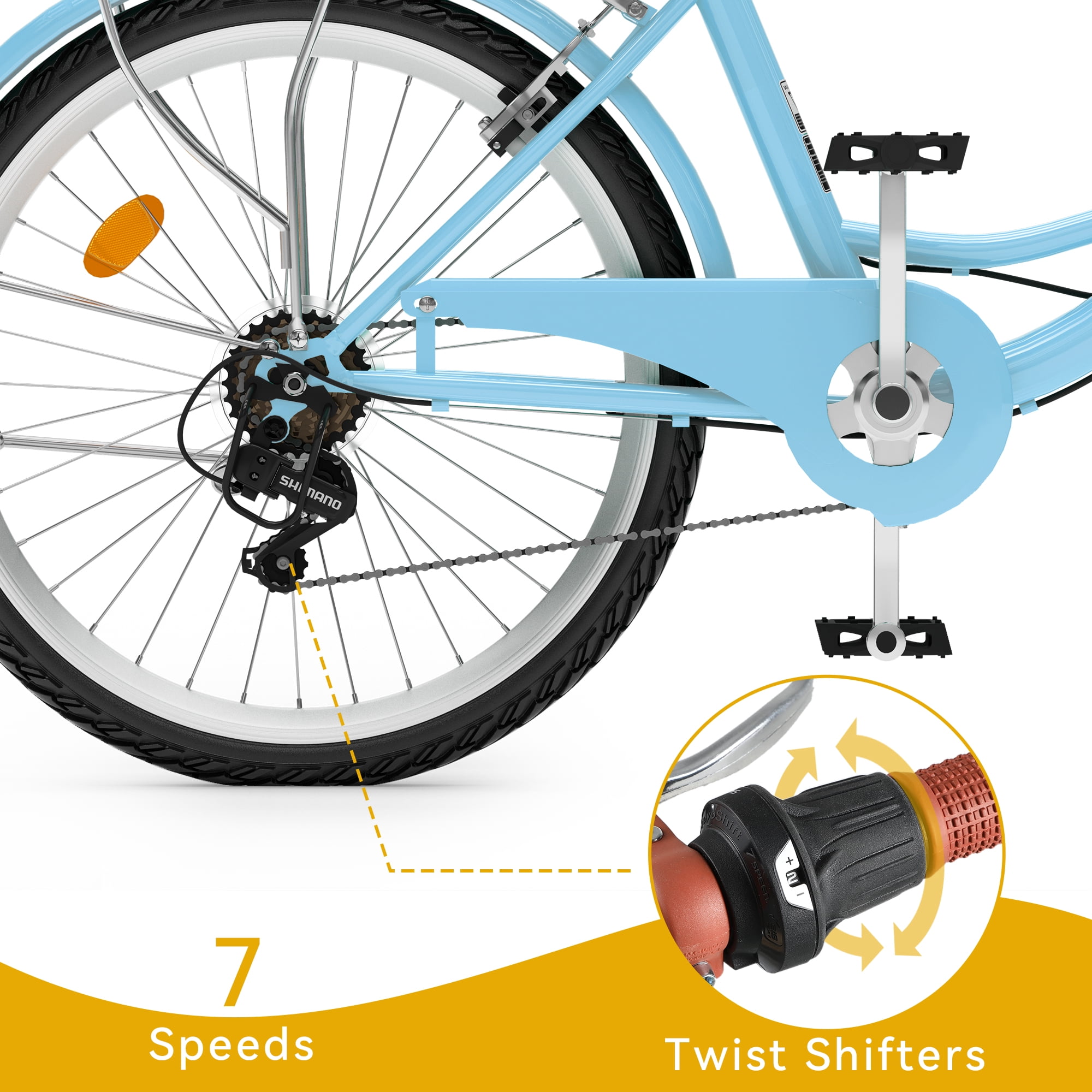 Dextrus 24 Inch Beach Cruiser Bike for Women - 7 Speed Commute Bike for Adults - Womens Bicycle with Adjustable Seat in Light Blue