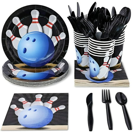 Juvale Kids Bowling Birthday Party Supplies Set - Plates, Knives, Spoons, Forks, Napkins, and Cups, Serves 24
