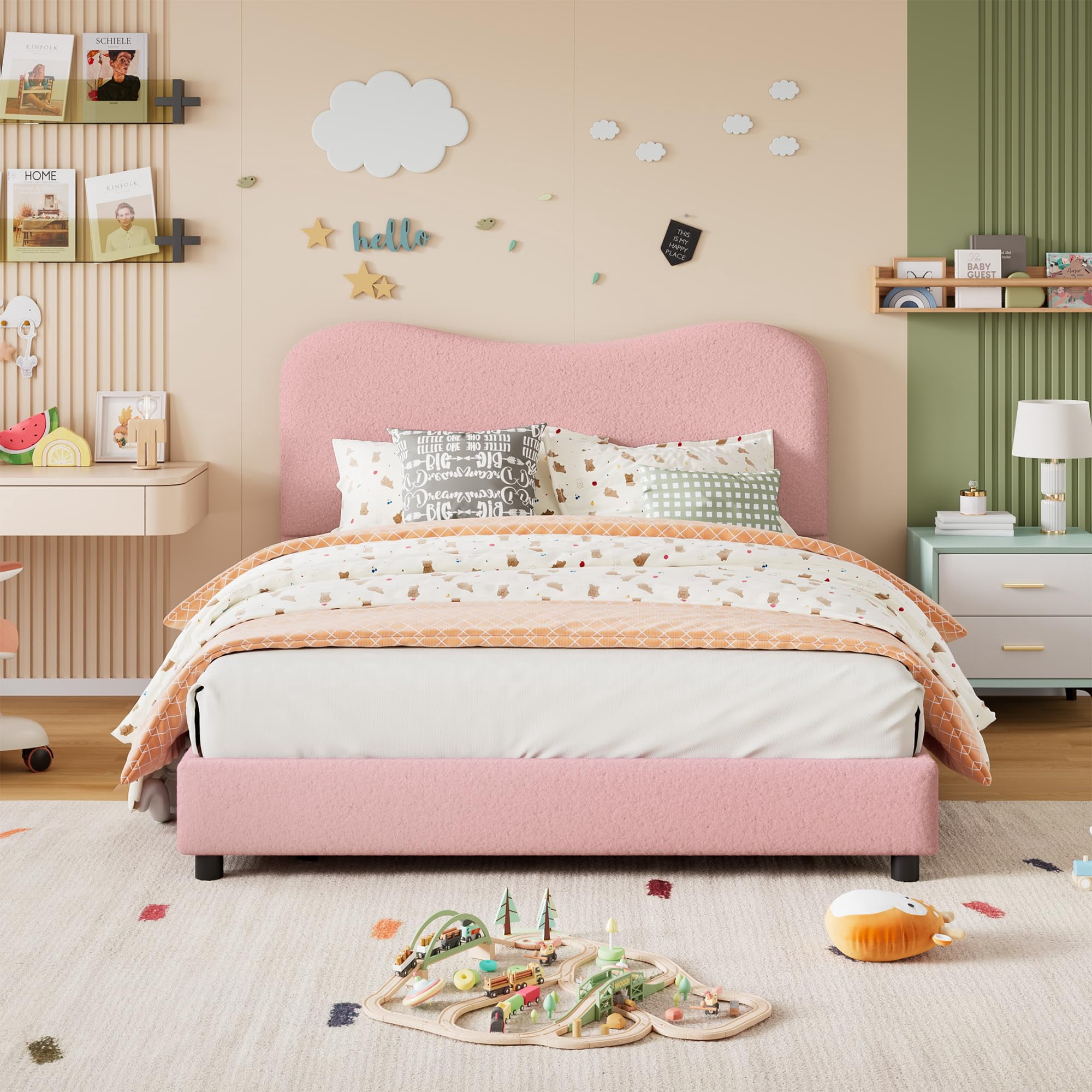 Twin/Full/Queen Size Wood Bed Frame for Bedroom with Velvet Upholstered Headboard, Cute Low Profile Platform Bed for Girls and Boys, No Box Spring Needed, Strong Wooden Slats, Noise Free