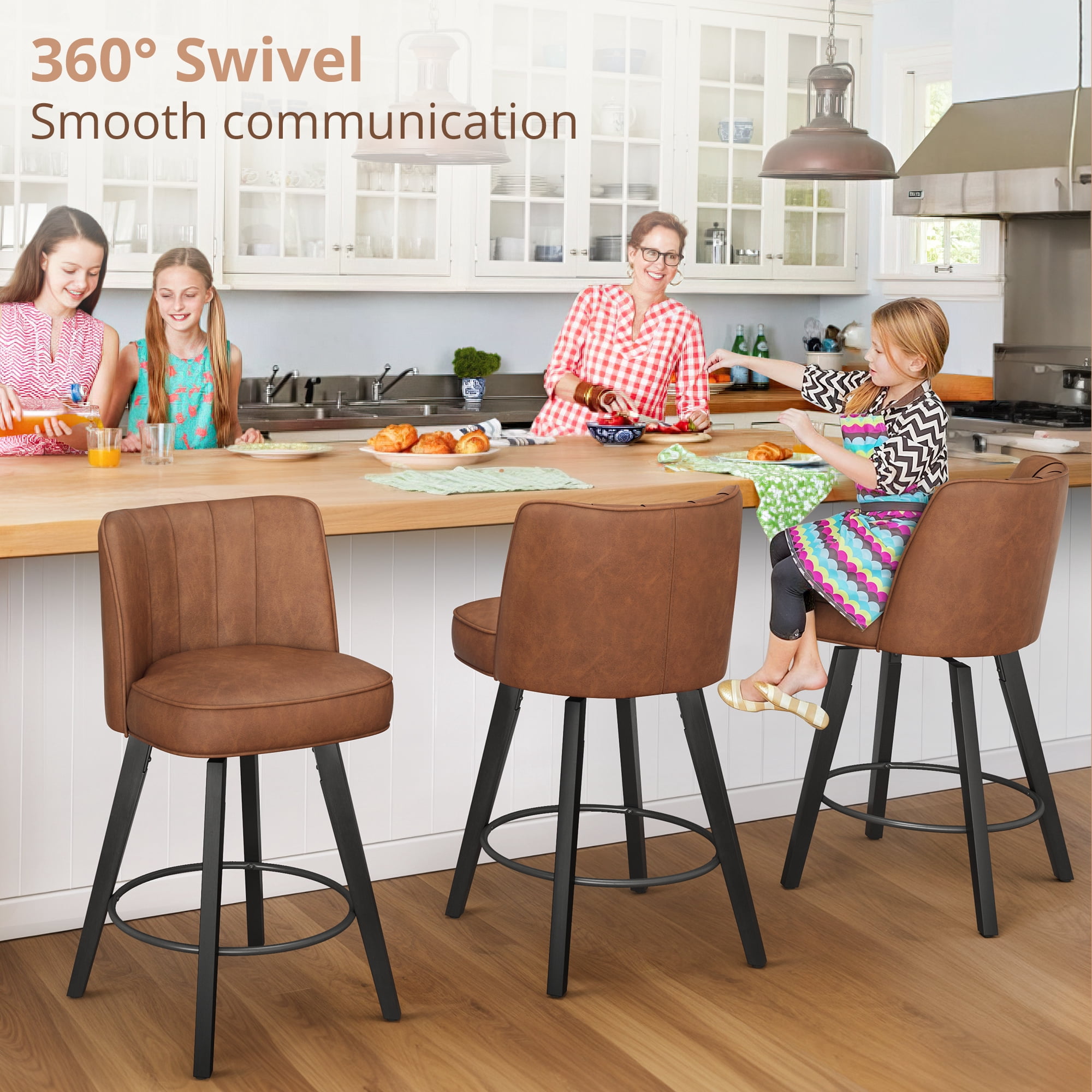 Dycanpo 26" Counter Height Bar Stools with Back, Swivel Leather Barstool Upholstery for Kitchen, Brown