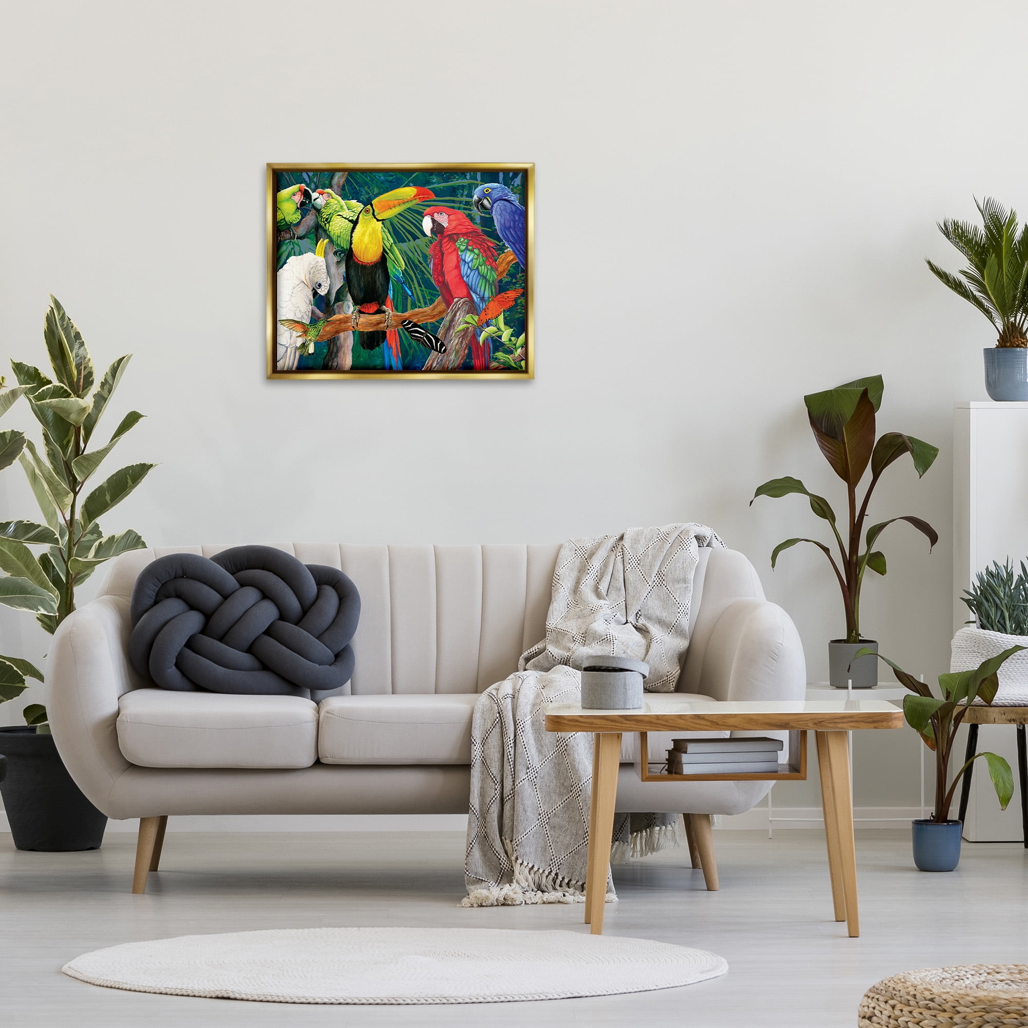 Stupell Industries Tropical Rainforest Birds Animals & Insects Painting Gold Floater Framed Canvas Art Print Wall Art, 31 x 25