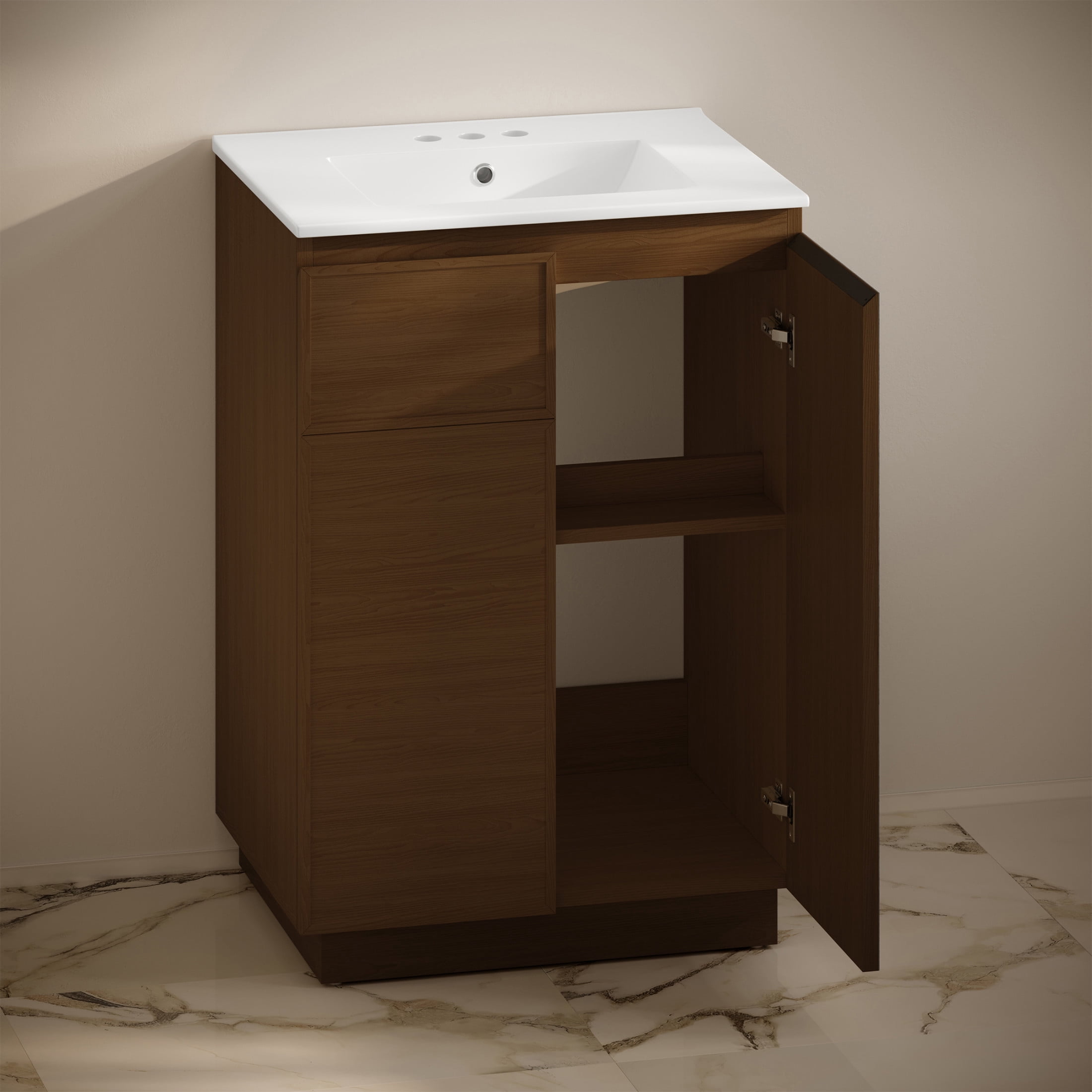 St. Tropez 24" Freestanding Bathroom Vanity in Brown Oak with 3-Hole Centerset Sink Top