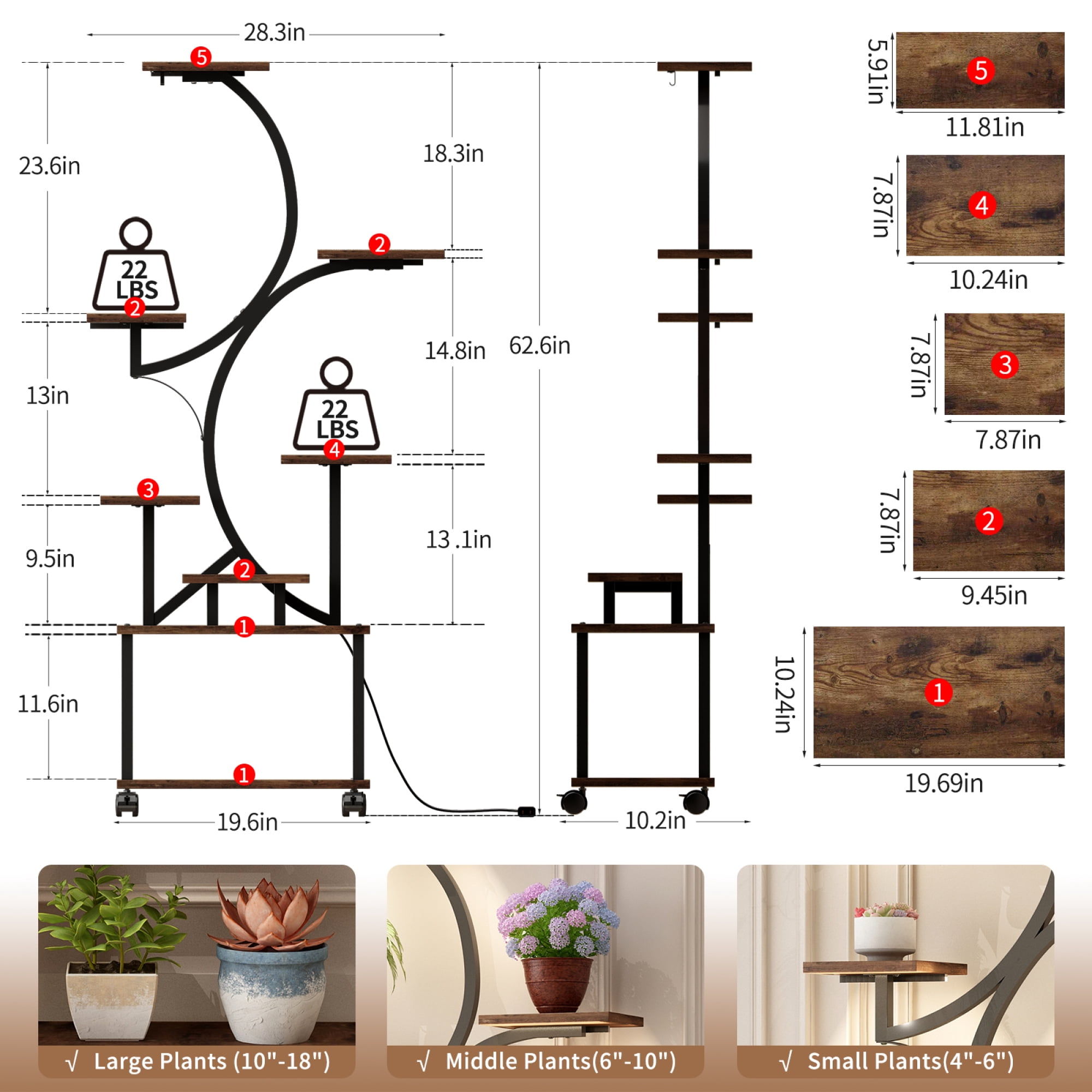 Leumius Plant Stand with Grow Lights, 62" Tall Plant Shelf, Lighted Corner Plant Stands for Indoor Growing, 8 Tiered Large Flower Holder, S-Shaped Decorative Rack for Living Room Home Patio Brown