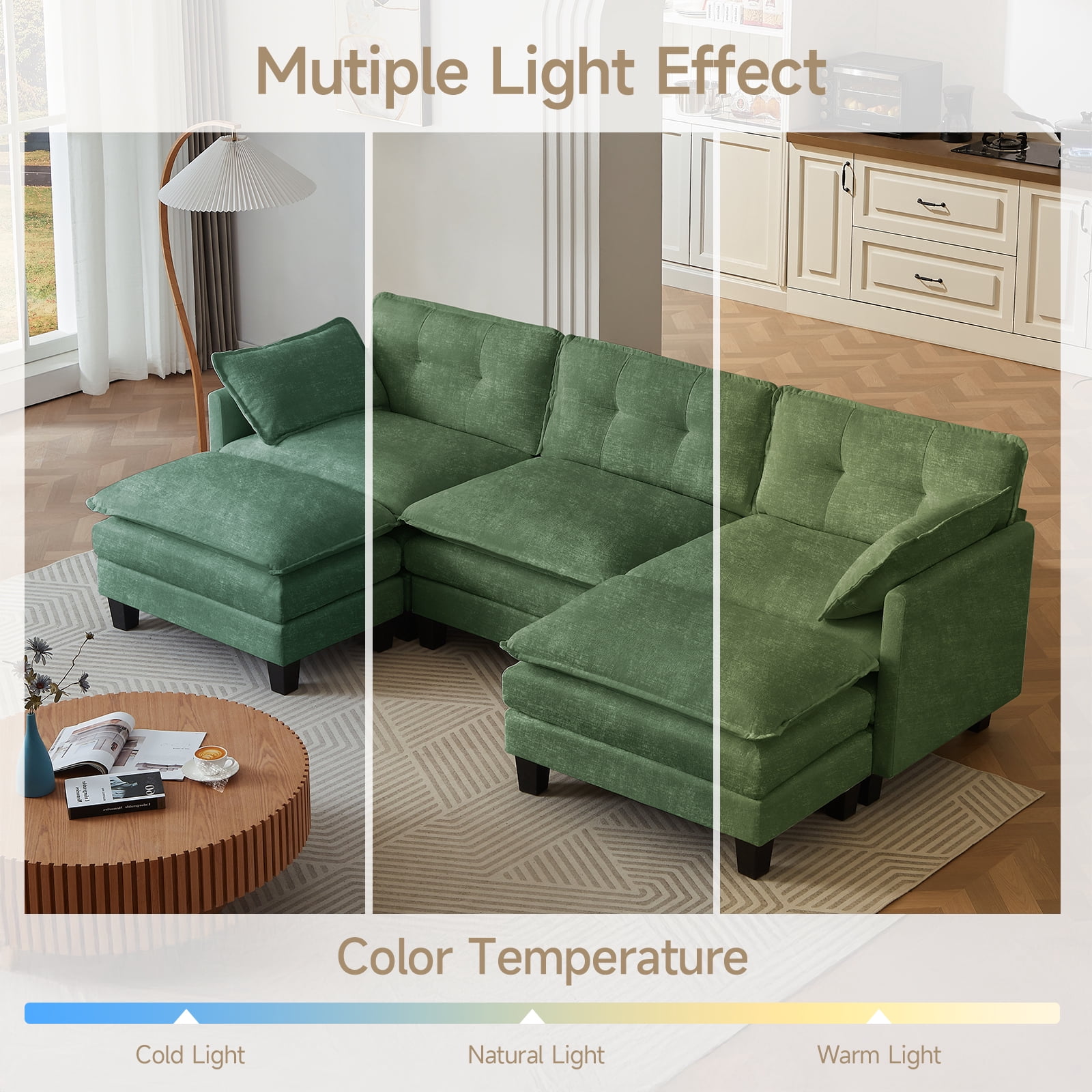 Amsleekey 111.5" Modular Sectional Sofa with 2 Movable Ottomans, U-Shaped Modern Chenille Cloud Couch for Living Room, Comfy Deep Seat Large Daybed, Green