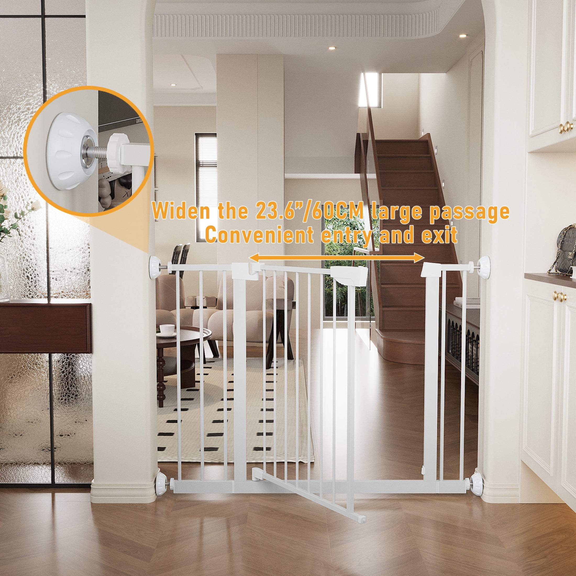 Noble House 45" Wide Pressure-Mounted Baby Gate with Wall Protectors, Steel Safety Gate for Kids, White