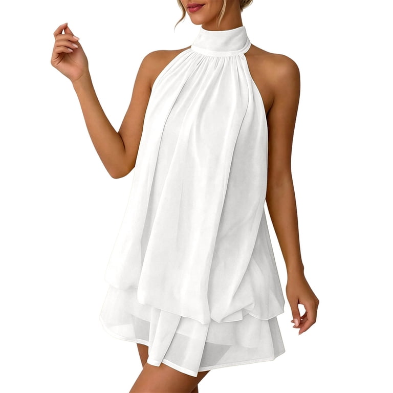 summer mesh high neck tank dress Wang6 Womens Sleeveless Mini Dress Summer Halter Mesh Ruffle Hem Sundress  Causal Backless Turtleneck Short Tank Beach Dress 0608liWhite L
