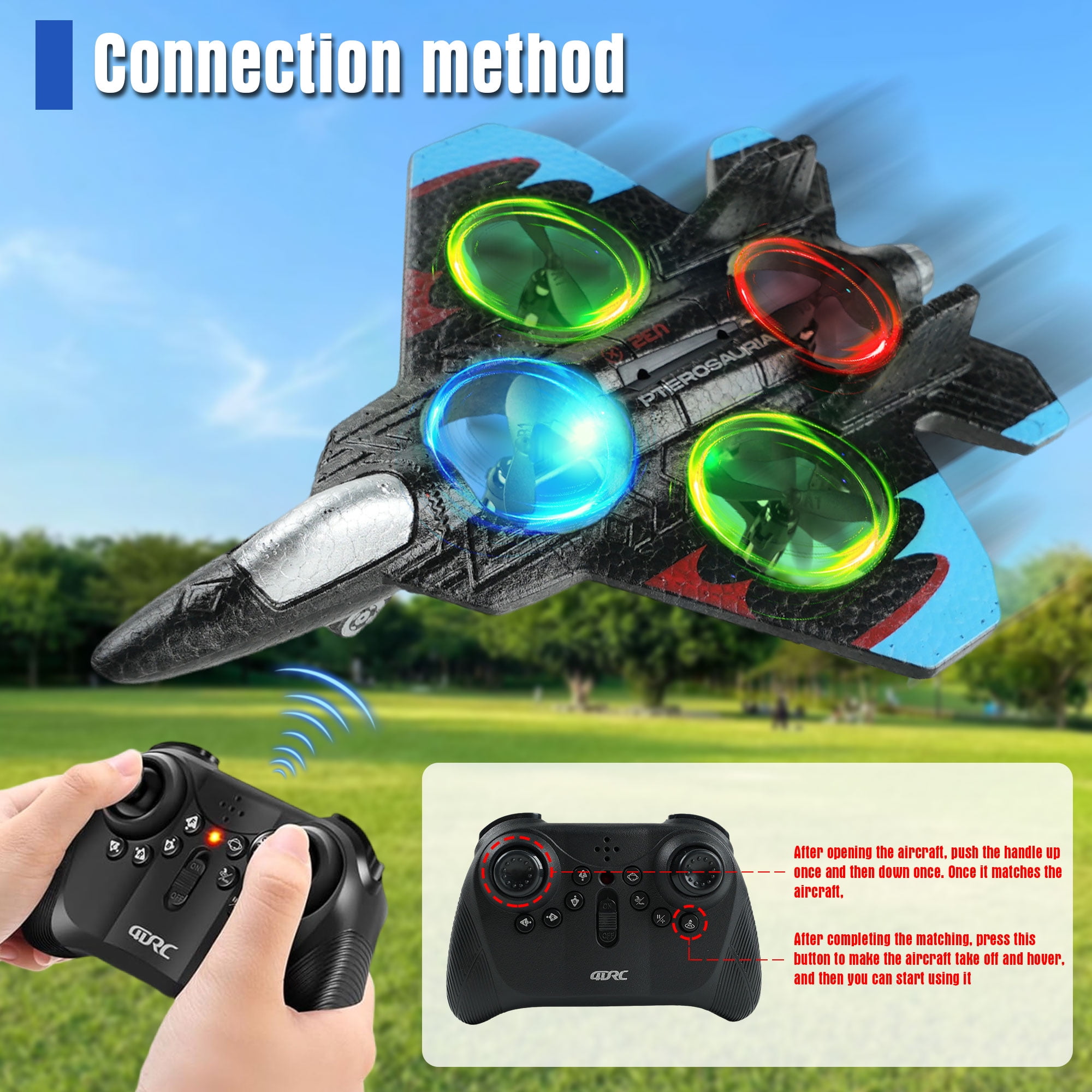 JUGAAD LIFE Foam Drone RC Plane for Kids Adults, 2.4GHZ Remote Control Airplane Fighter Jet Toys for Boys and Beginners, 360° Aircraft Plane with Light