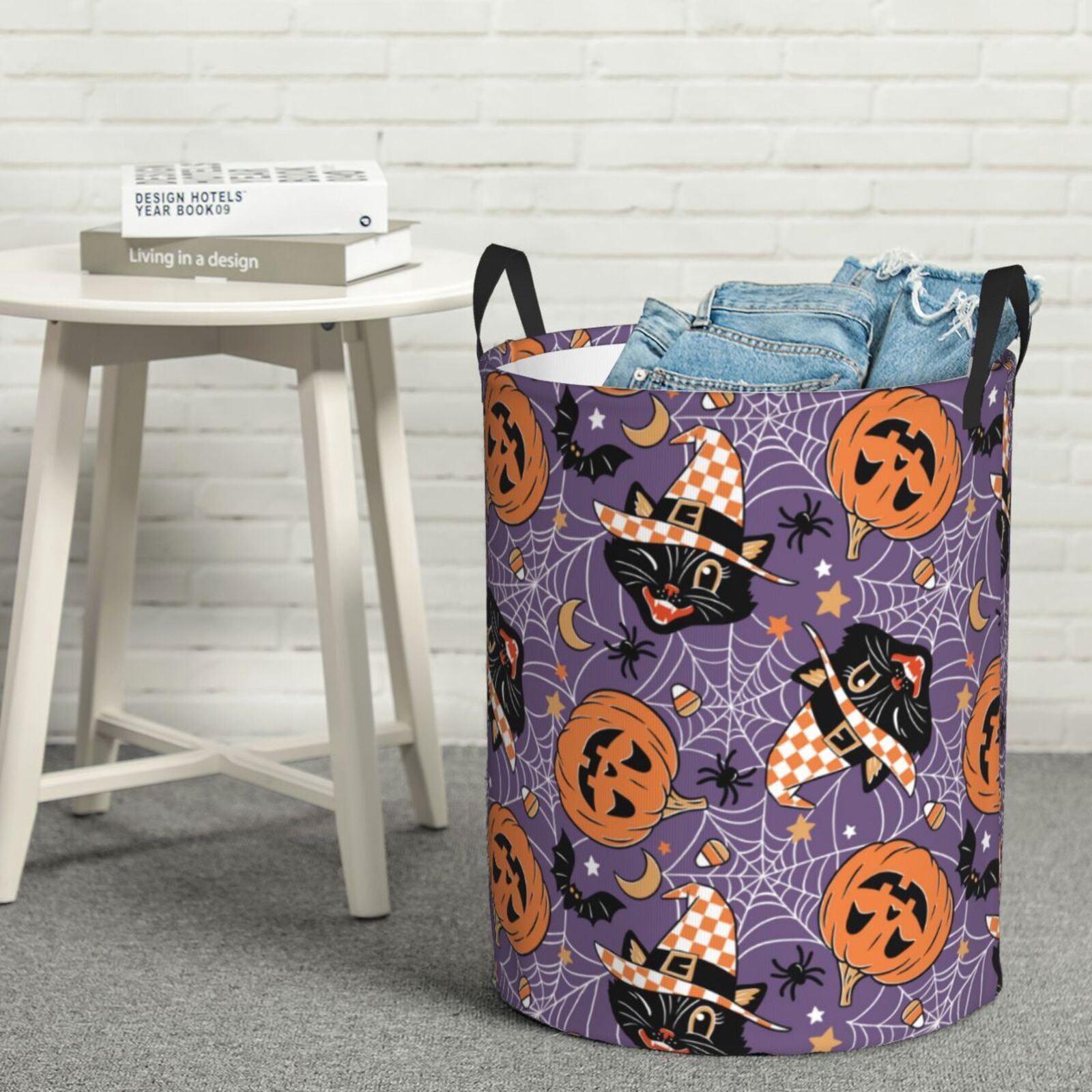 Fuzoiu Vintage Halloween Black Cat Print Circular Hamper,Laundry Basket with Handle,Collapsible Laundry,Dirty Clothes Storage Basket,for Bedroom Bathroom Dorm Living Room-Small