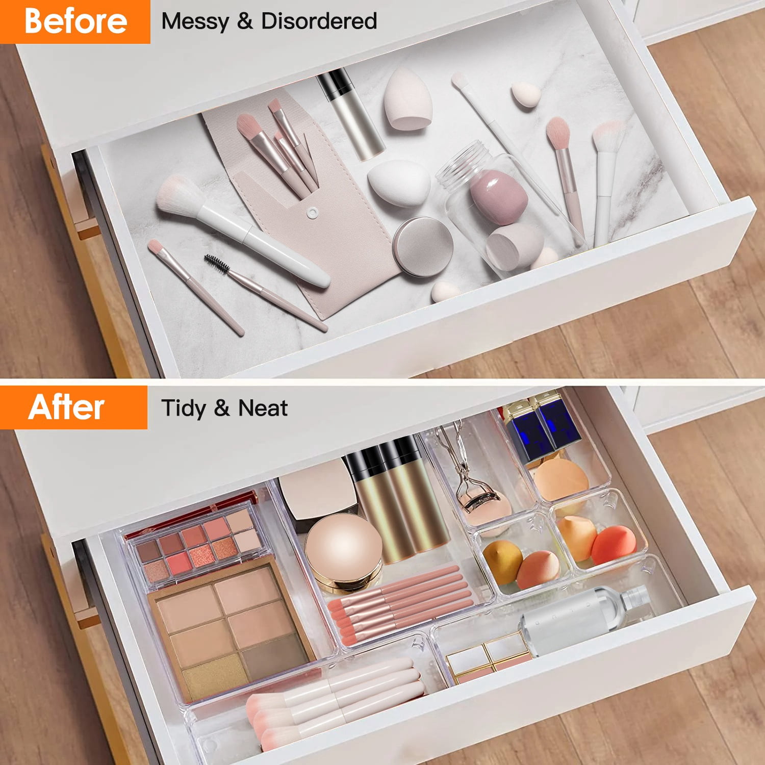 Moclever 25Pcs Clear Plastic Drawer Organizers Set, Stackable Desk Drawer Dividers Trays Storage Bins for Vanity Cabinet Makeup Bathroom Office Kitchen, 4 Sizes