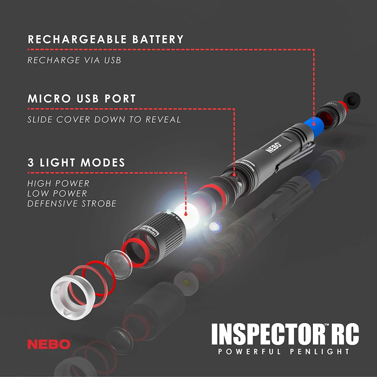 NEBO Rechargeable Pen Light Flashlight 360-Lumens Inspector Flashlights Features Flex Power, Meaning it can be Operated by The Included Rechargeable Battery or by 2X AAA Batteries