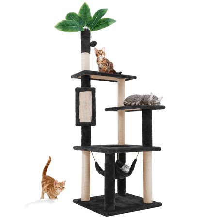 TSCOMON 61" Cat Tree for Indoor Cats with Green Leaves, Multi-Level Large Cat Tower with Hammock, Plush House with Hang Ball Toy and Cat Sisal Scratching Posts, Black