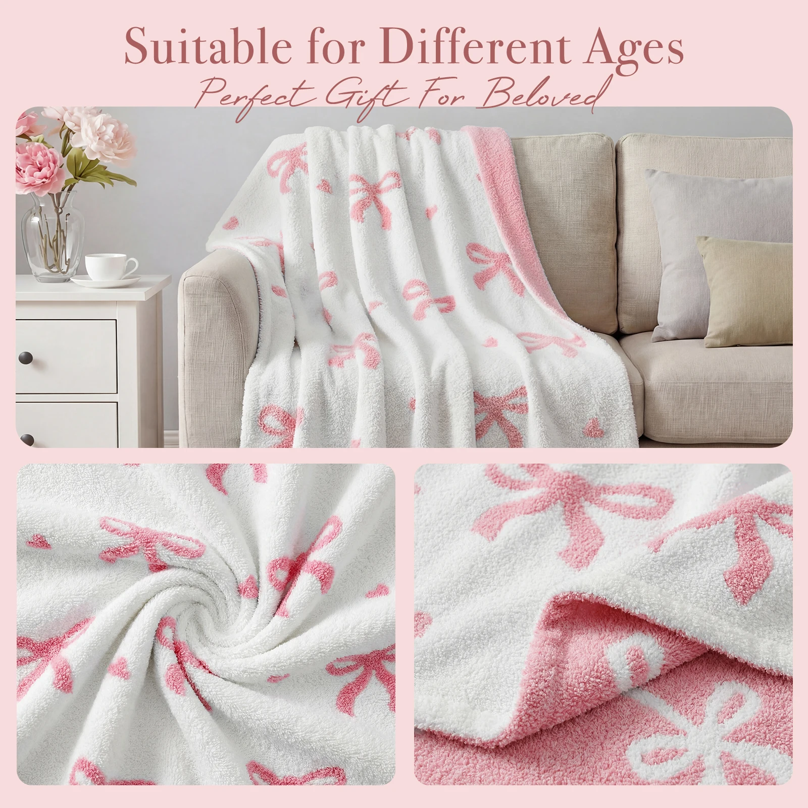 Catami Soft 3D Reversible Throw Blanket,Pink Bow,50*60