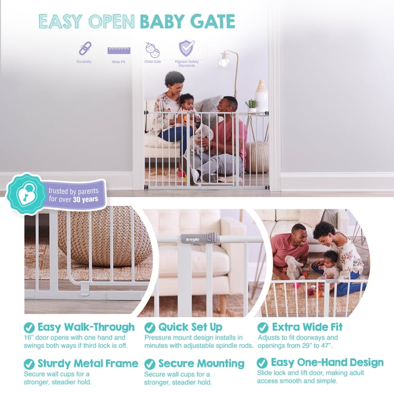 Regalo Easy Open 47-Inch Super Wide Walk Thru Baby Gate, Bonus Kit