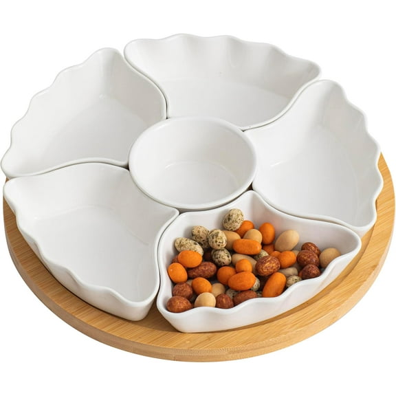 Divided Serving Dishes, Relish Tray, 12'' Serving Tray and Platter with 6 Removable Compartment, for Party, Kitchen Decor, for Chips and Dip, Fruits, and Condiment
