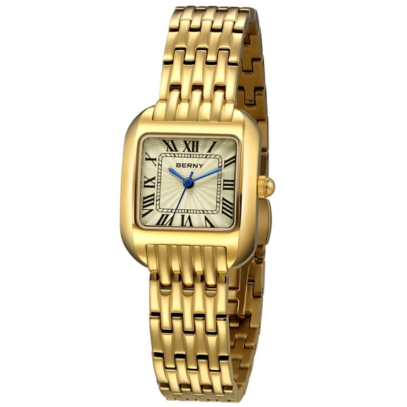 BERNY Gold Watches for Women, Square Dainty Ladies Analog Quartz Watch with Roman Numeral, Stainless Steel Bracelet Watch, Classic Waterproof Women Wristwatch Gift, Gold