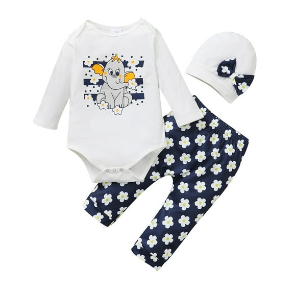 NZRVAWS Baby Girls Outfits Elephant Print Long Sleeve Romper Top Floral Print Pants Hat 3PCS Clothes Set 12-18 Months,White