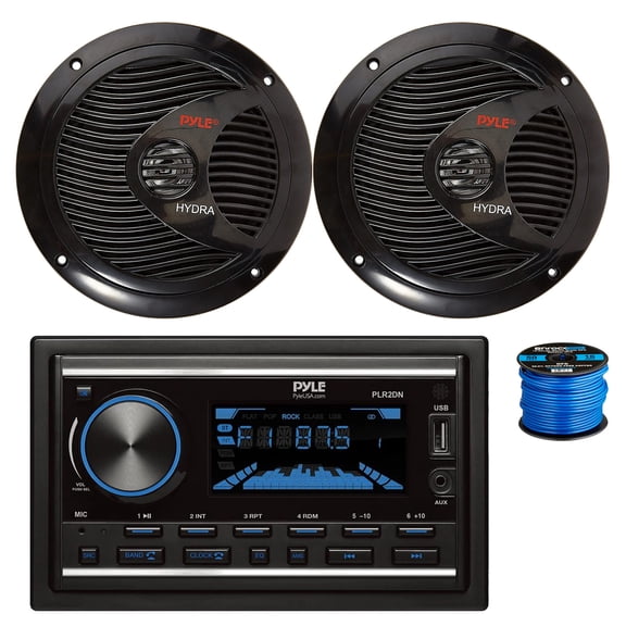 Pyle PLR2DN Double DIN AM/FM/MP3 Bluetooth Marine Stereo Receiver, 2x 6.5" 150 Watt 2-Way Dual Cone Full Range Audio Speakers (Black) w/ Wire