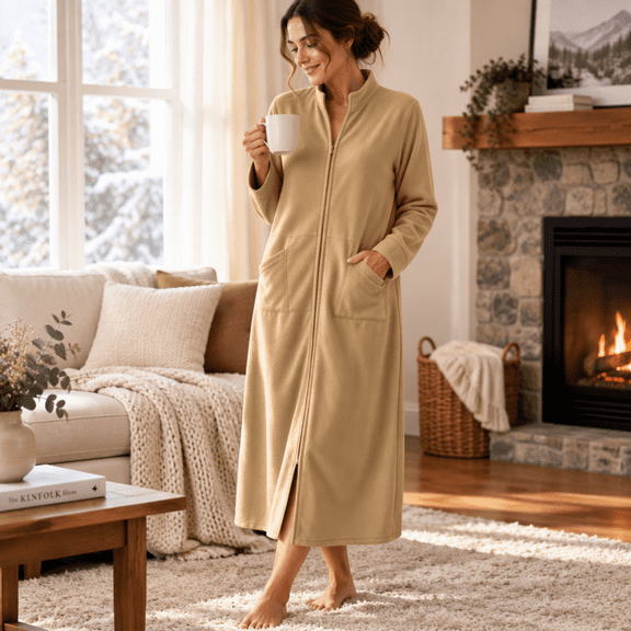 Jamicy Zipper Pajama Robes for Women Winter Leisure Long Sleeve Lightweight House Coats with Pockets Zip Up Bathrobe Loungewear