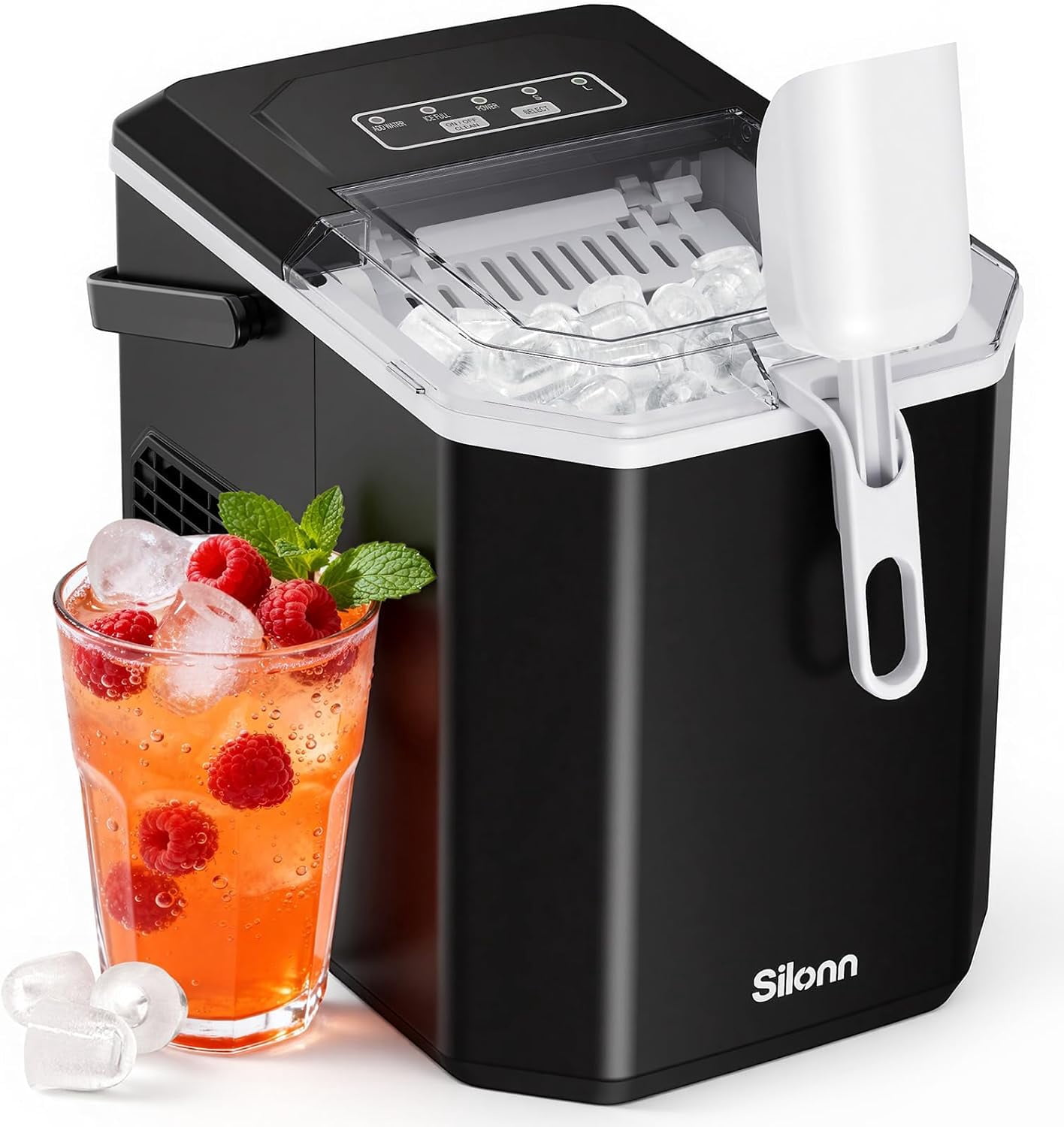 Ice Maker Countertop Machine with Handle, 26lbs in 24h, 9 Ice Cubes Ready in 6 Mins, Self-Cleaning Ice Makers with Basket and Scoop, Ideal for Home, Kitchen, Camping, RV
