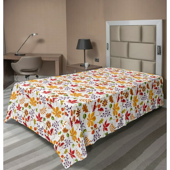 Ambesonne Autumn Flat Sheet, Leaves Composition Art, Twin Size, Vermilion and Burnt Orange