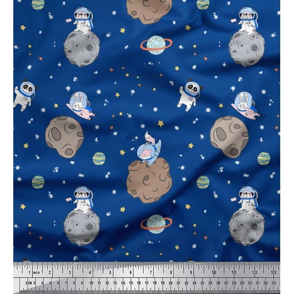 Soimoi Crepe Silk Fabric Astronaut Animals,Star & Planet Galaxy Print Sewing Fabric Yard 42 Inch Wide