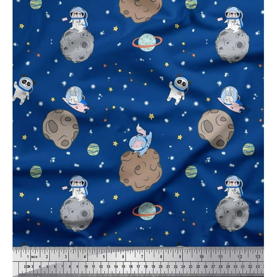 Soimoi Poly Georgette Fabric Astronaut Animals,Star & Planet Galaxy Print Fabric by The Yard 52 Inch Wide