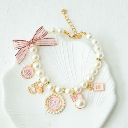 Pink Wedding Jewelry Stuff Dog Chain Pearl Rhinestone Puppy Accessories Pet Collars Cat Jewelry Bow Collar Necklace PINK M