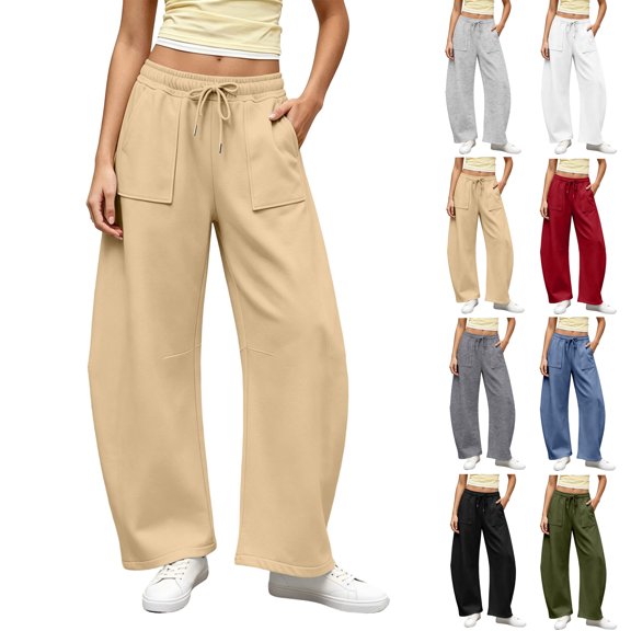 Women's Sweatpants Wide Leg High Waist Casual Baggy Joggers Drawstring Straight Leg Sweatpants with Large Patch Pockets Casual Pants With Drawstring Elastic Waistband Barrel Sweatpants