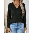 thumbnail image 2 of Womens Waffle Knit Tops Fashion Long Lantern Sleeve Casual Blouses V Neck Oversized T Shirts Black S, 2 of 6