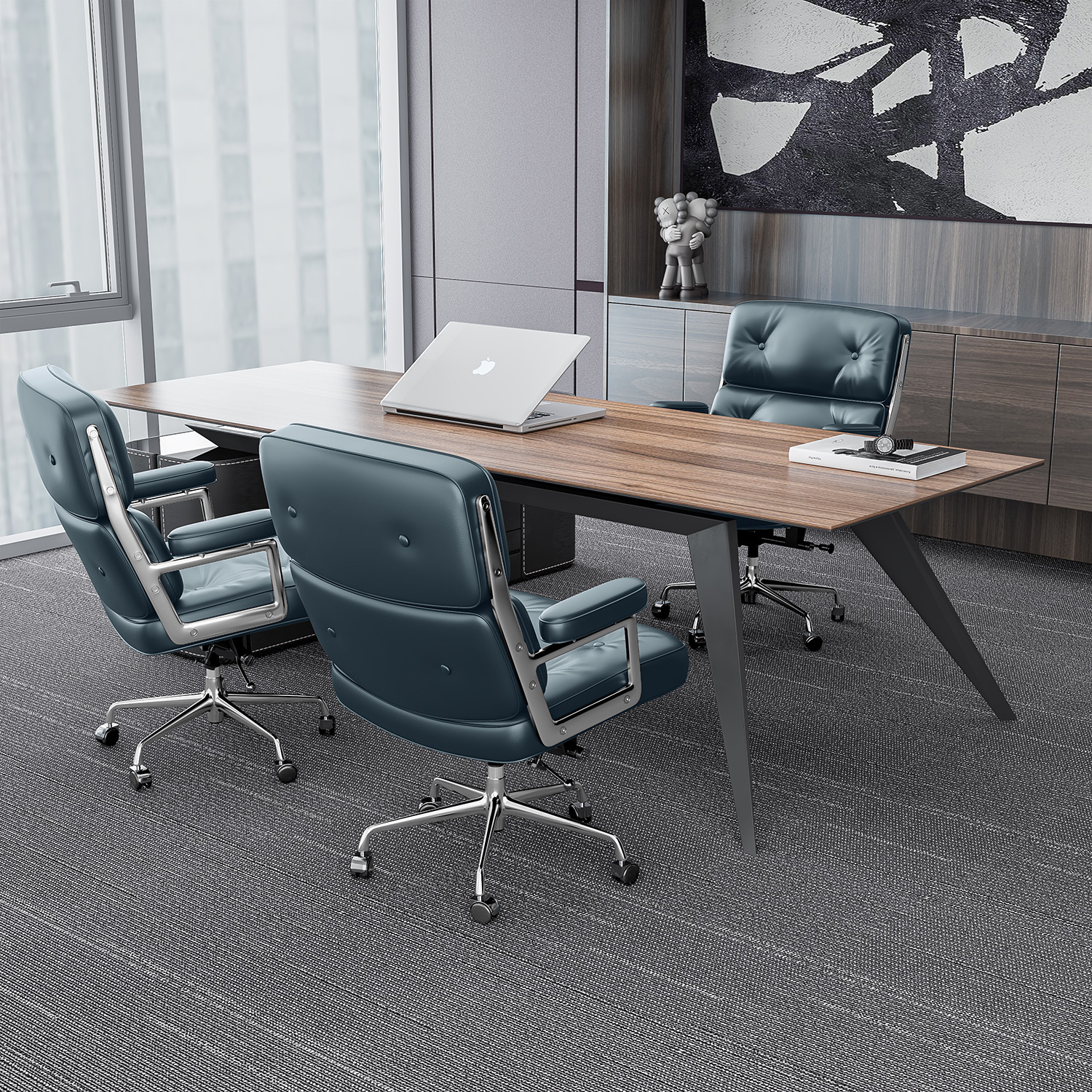 Cottinch Mid Back Genuine Leather Office Chair, Executive Desk Chairs with Aluminum Arms & Thickened Backrest, Ergonomic Office Chair Swivel Office Leather Chair with Lumbar Support, Blue