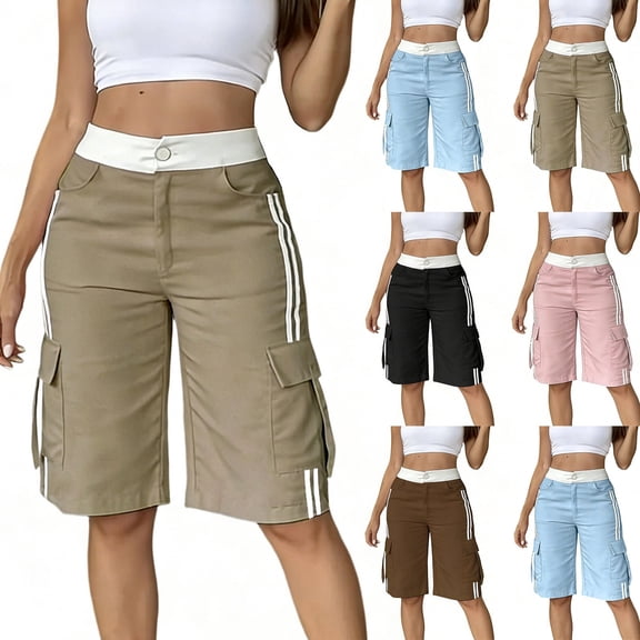 Hvogkswy Cargo Shorts Women, Elastic Button Zipper Waist Straight Leg Shorts with Multi Pockets Soft Loose Summer Casual Cargo Shorts