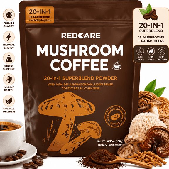 Mushroom Coffee with 16 Superfood Mushrooms Mix with with Lions Mane & Cordyceps Chaga, Everyday focus coffee Low Acid Instant organic Coffee, 30 Servings-6.35oz