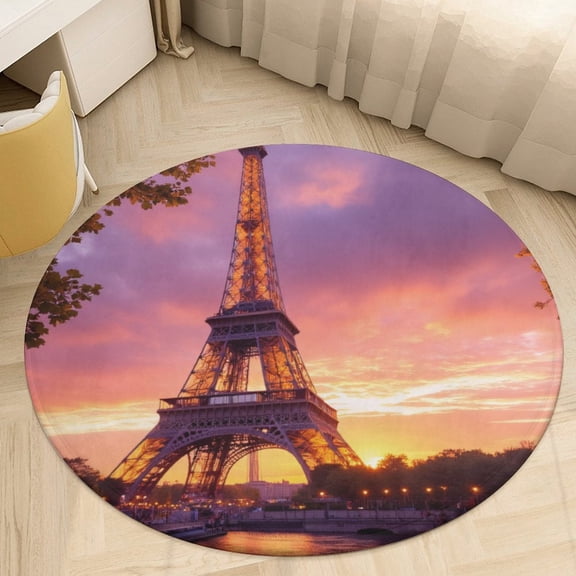 Eiffel Tower at Sunset Round Area Rugs for Bedroom Living Room, 3FT Soft Indoor Circle Carpets, Carpet Home Decor Floor Mat