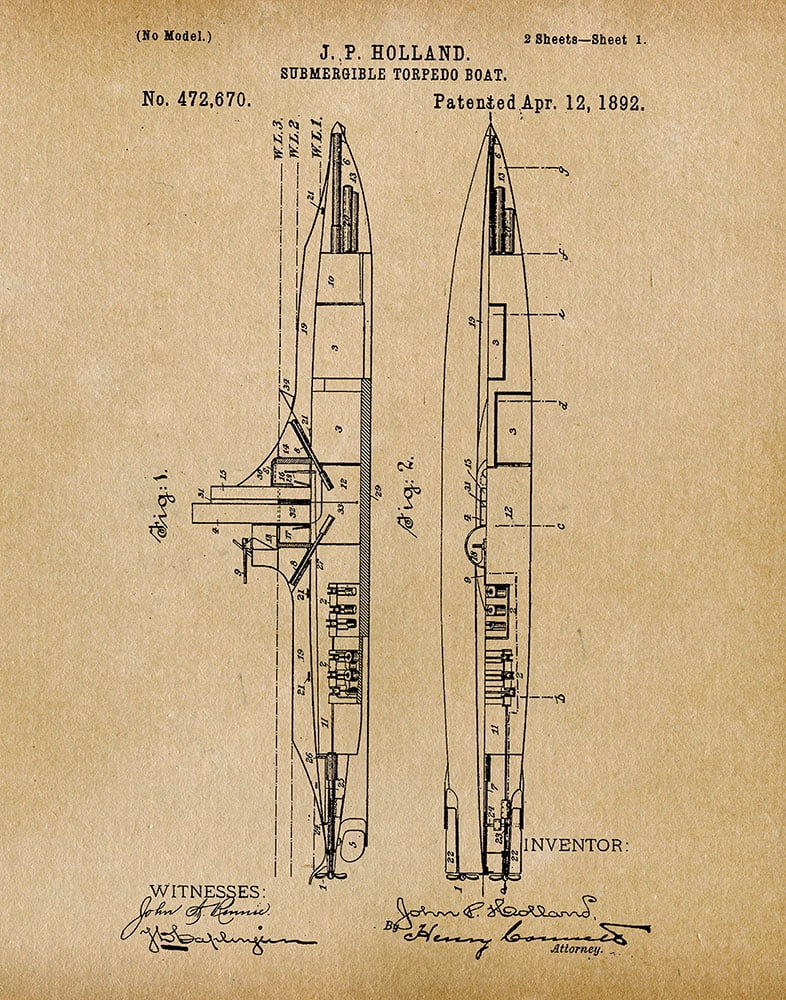 Original Submarine Artwork Submitted In 1892 - Nautical - Patent Art ...
