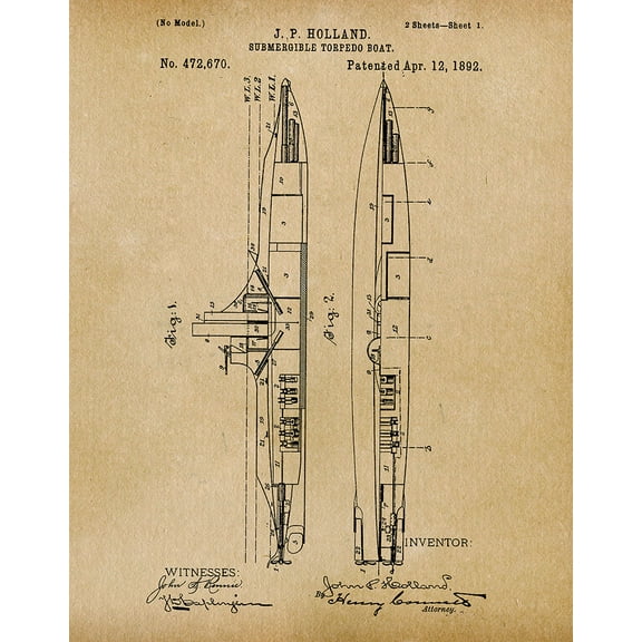 Original Submarine Artwork Submitted In 1892 - Nautical - Patent Art Print