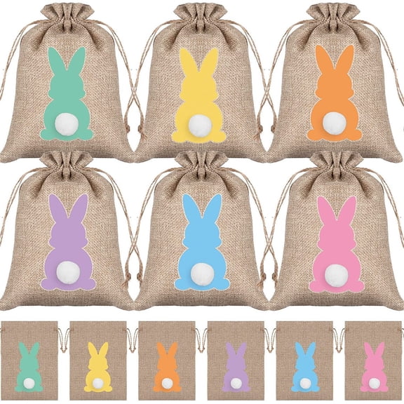 12Pcs Easter Burlap Drawstring Bags - Bunny Linen Goody Gift Bags with Jute Drawstrings, for Party Favors, Holiday Gifts, Easter Basket Fillers