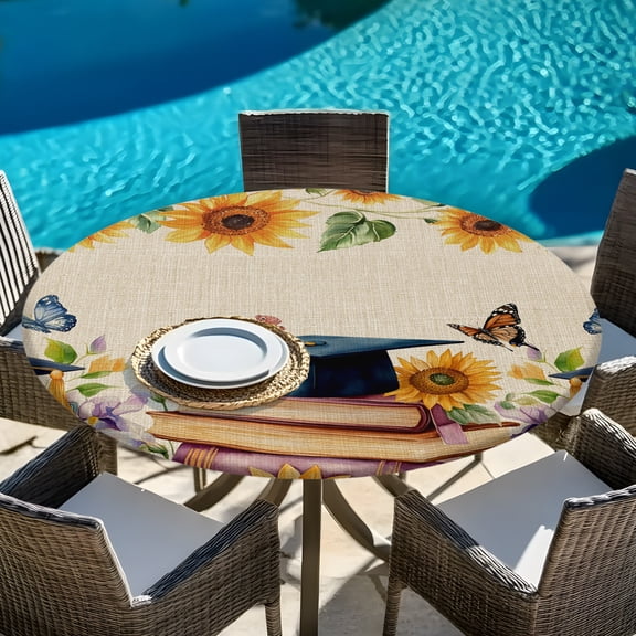 Graduation Cap on Retro Linen Round Fitted Tablecloth with Elastic Edge,Waterproof Table Cloth Fits Tables Up to 45"-54",Wipeable Table Cover for Indoor Outdoor Dinning,Farm Sunflowers Butterfly