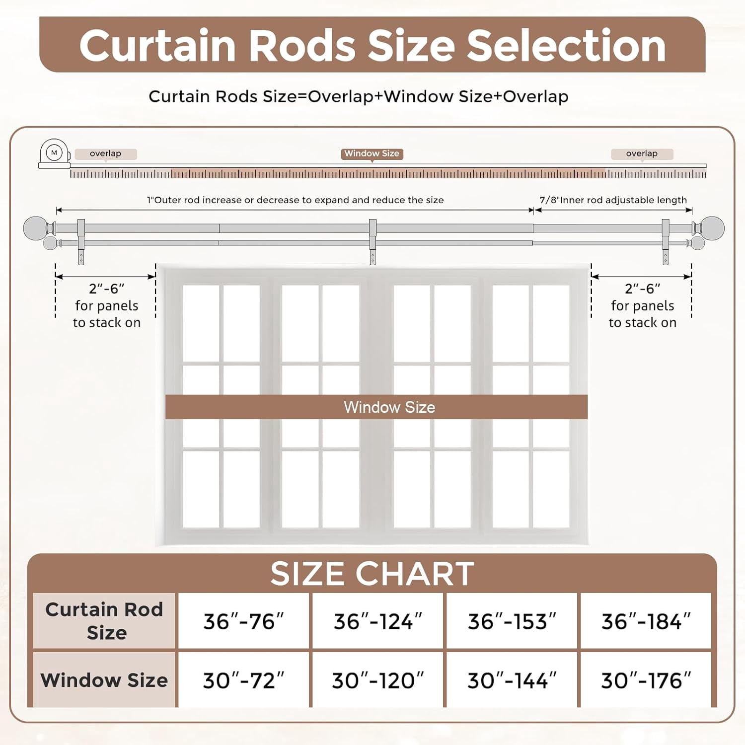 Walnut Wood Double Curtain Rod 36-184 Inch, Boho Decorative Extra Long Dual Curtain Rods for Windows, 1 Inch Adjustable Heavy Duty Double Rod with Handmade Imitation Wood Grain Leaf Finials