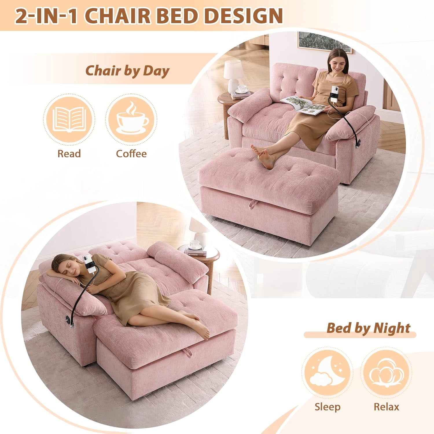 MOONMISS Oversized Chaise Lounge Chair Indoor with Ottoman&Adjustable Backrest,Chenille Tufted Recliner Sofa Chair with USB&Phone Holder,Convertible Sleeper Couch Bed for Living Room,Pink