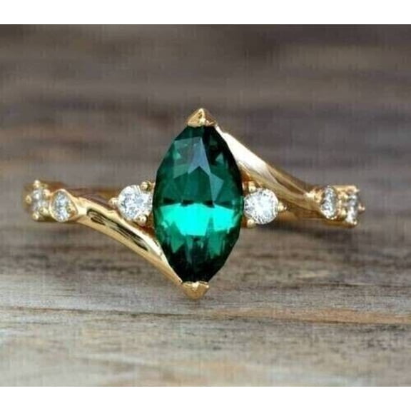 2Ct Marquise Cut Lab-Created Green Emerald Women Wedding Ring 14k Yellow Gold Plated