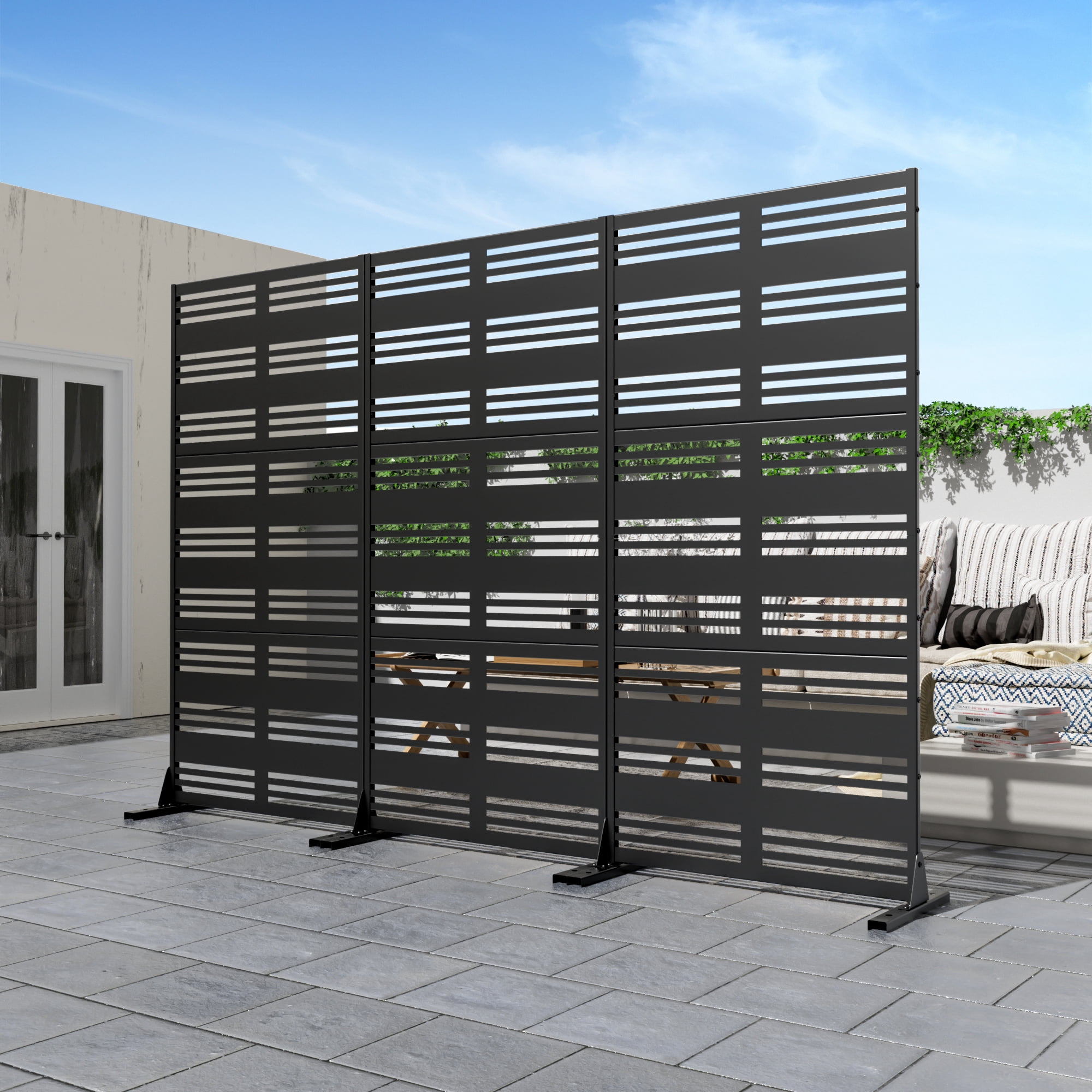 72"x35"x16" Outdoor Privacy Screen with Stand Metal Balcony Decorative Screen,Black