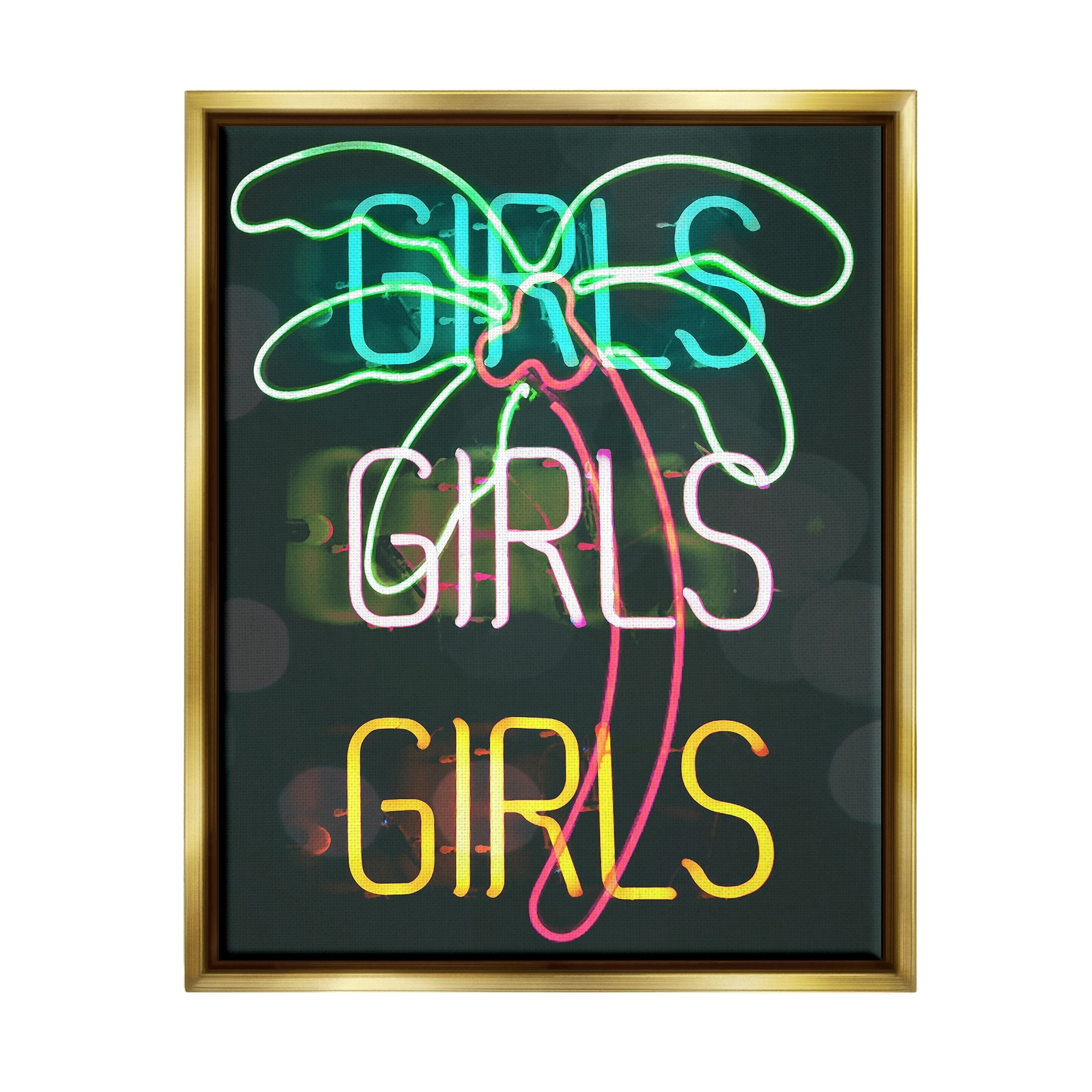 Stupell Industries Girls Neon Style Palm Tree Tropical Design Graphic Art Metallic Gold Floating Framed Canvas Print Wall Art, Design by Daphne Polselli