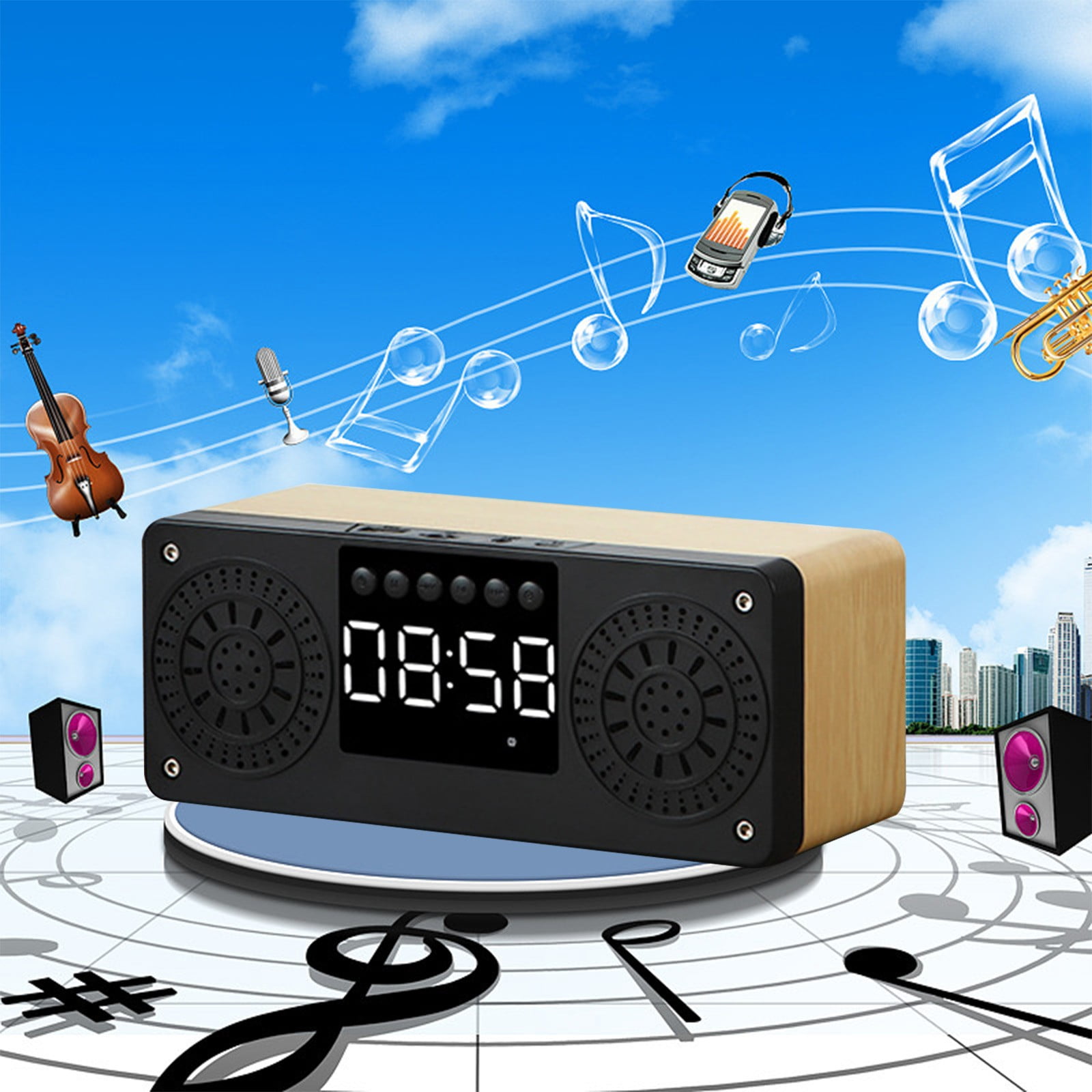 maho A10 Wooden Clock Multi-function Bluetooth Audio U Disk Card Gift Gift Mobile Phone Computer Speaker Bluetooth Speaker for Gift, Shower, Party, Home, Travel
