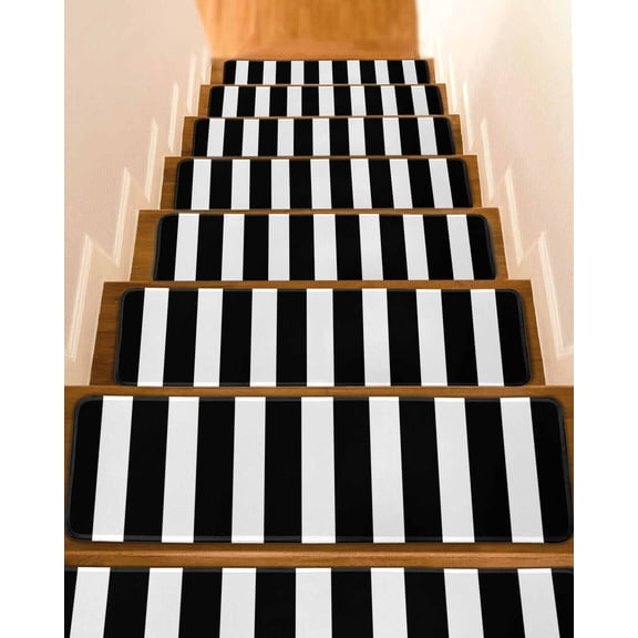 Black and White Stripe Stair Treads Non Slip for Steps Modern Minimalist Geometric Vertical Linens 4 Pcs Reusable Adhesive Stair Runner Mats for Dogs Elders Carpet Treads Rugs for Staircase 8x30 In