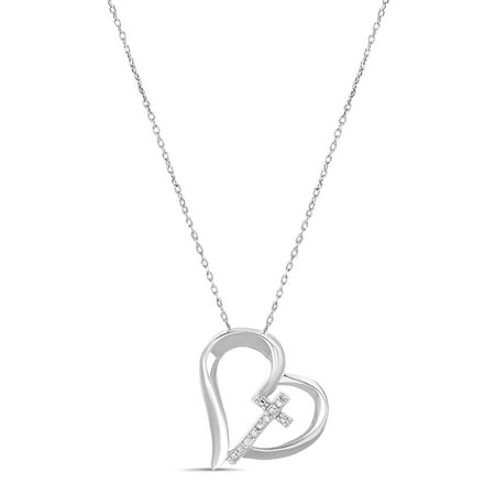 Diamond Open Heart Pendant - Lumineux Diamond Accent Open Heart Cross Pendant in Sterling Silver