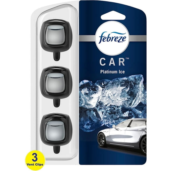 Febreze Car Air Fresheners, Platinum Ice Scent, Odor Eliminator for Strong Odor, Car Vent Clips 3 Pack (3 Count Each Package)