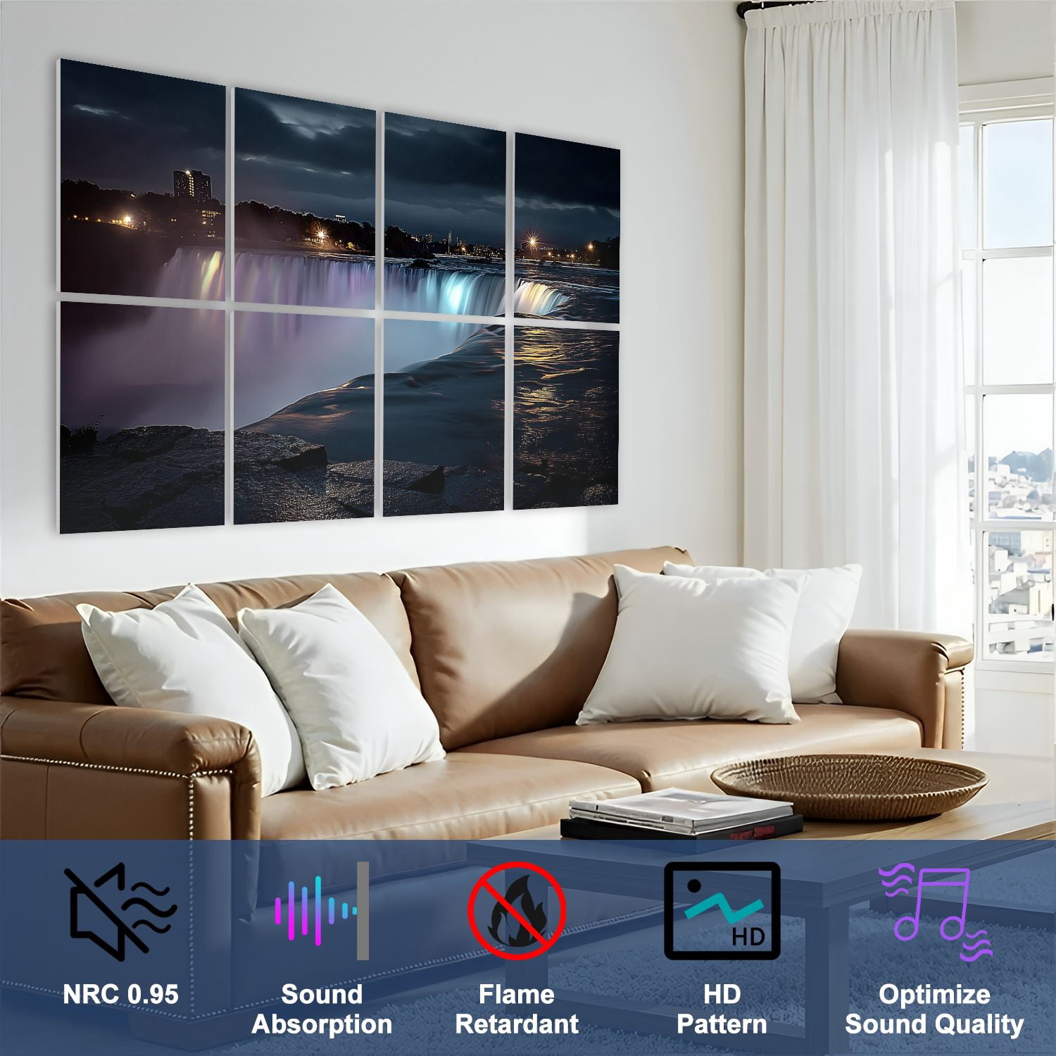 8 Pack Art Acoustic Panels Sound Absorbing Niagara Falls night Canada North America Decorative Soundproof Wall Panels Self Adhesive for Nursery Game Room Bedroom 48"x32"