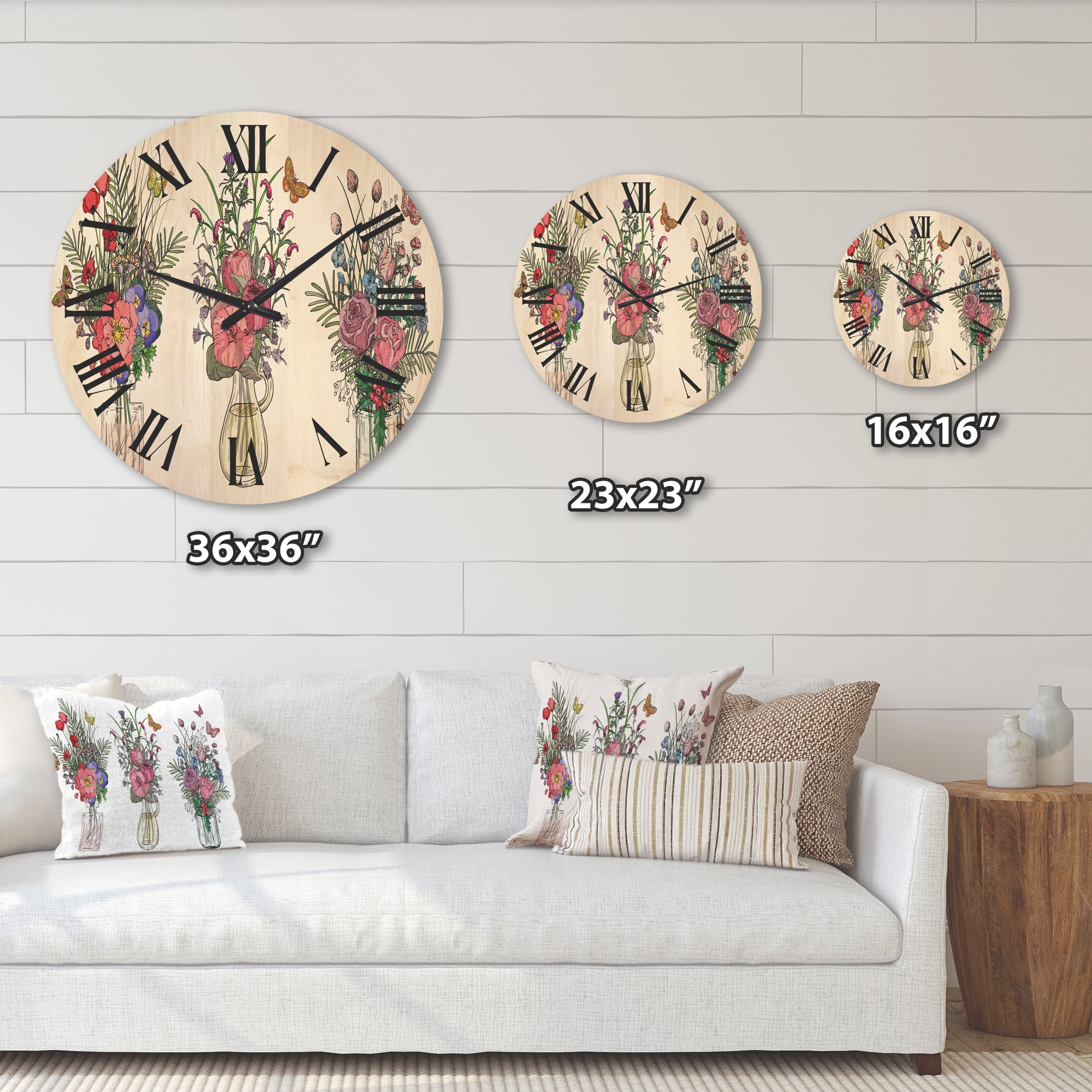 Designart 'Transparent Vases With Bouquets of Wildflowers II' Farmhouse Wood Wall Clock