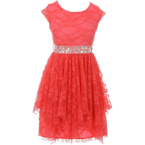 Little Girls Cap Sleeve Floral Lace Rhinestones Belt Asymmetrical Princess Flower Girl Dress Coral 4 (2J0K9S5)