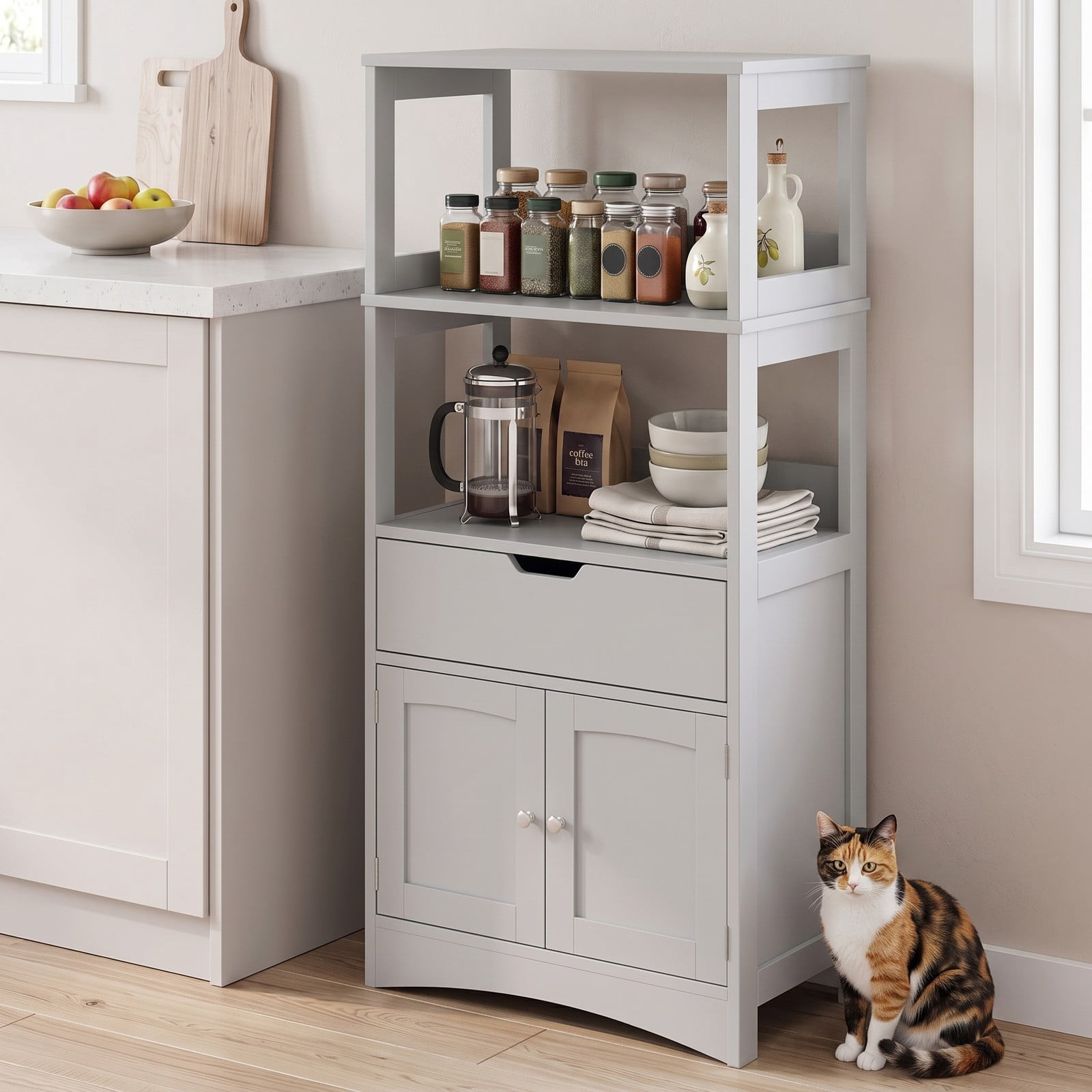 ALPULON Bathroom Storage Cabinet with Drawer and Shelf, Freestanding Floor Organizer, Waterproof MDF Cabinet for Bathroom Bedroom Entryway Living Room, Anti-Tip, Gray
